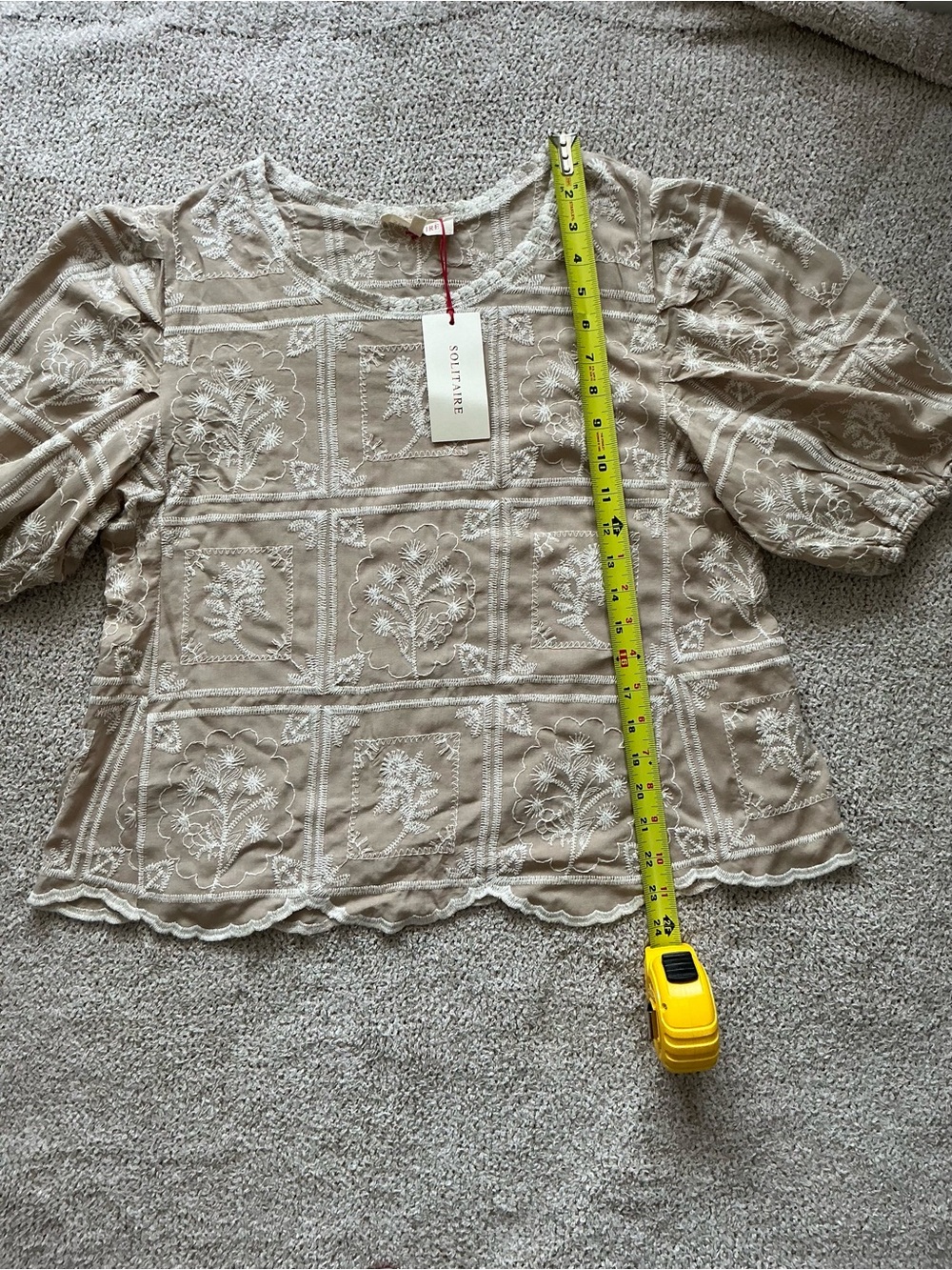 Solitaire Taupe Embroidered Scallop-Hem Puff Sleeve Blouse - Picture 5 of 7